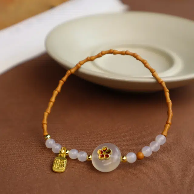 舞依翡 文玩珠串精品木作手链菩提核竹节搭配白玛瑙平安扣节节高上岸文艺#好运 橄榄核 手串 女款