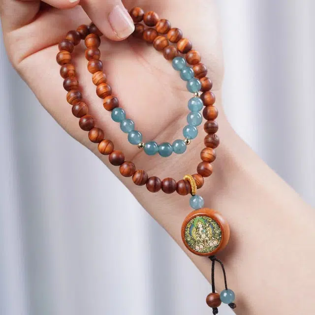舞依翡 红油木作陈化双圈文玩珠串搭配檀木唐卡吊坠国潮文玩念珠手链#好运 崖柏 手串 女款