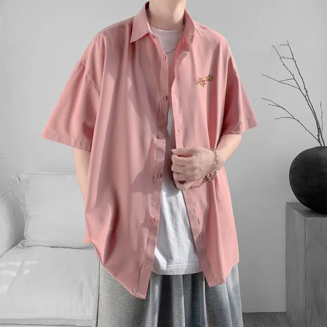 宜而爽 美式复古纯色简约时尚百搭高级感仿刺绣印花休闲宽松透气舒适冰丝衬衣高街痞帅短袖衬衫 男女同款