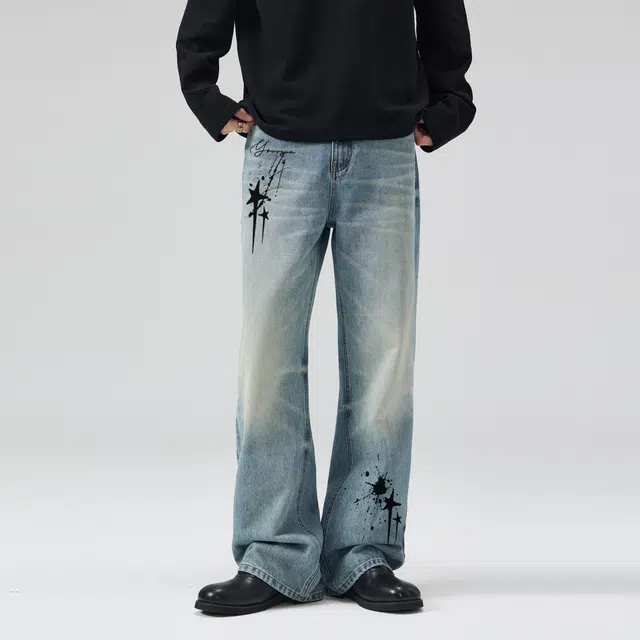 宜而爽 美式高街闪电爆裂纹水洗做旧简约百搭复古设计感泼墨星星小众直筒休闲宽松垂感微喇牛仔裤 男女同款