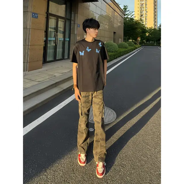 美式高街复古迷彩工装潮流微喇直筒百搭长裤牛仔裤 男女同款