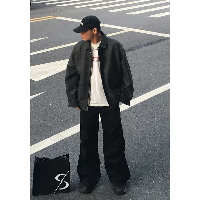 美式复古宽松潮流翻领做旧夹克外套皮衣 男女同款