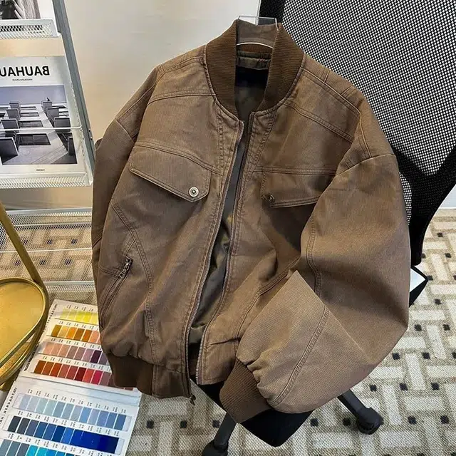 沐诚阳译 美式百搭潮流设计感工装休闲宽松短款男女同款情侣做旧外套夹克 男款