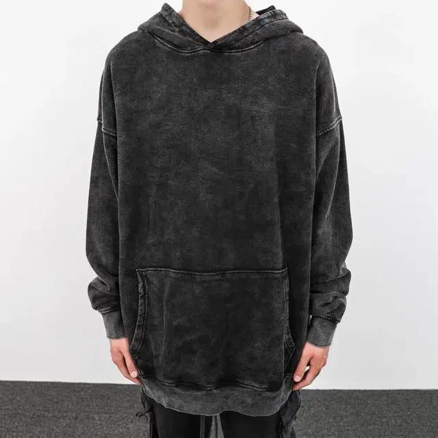 沐诚阳译 欧美高街暗黑洗水做旧纯色男潮牌炒色宽松连帽衫加绒卫衣 男女同款