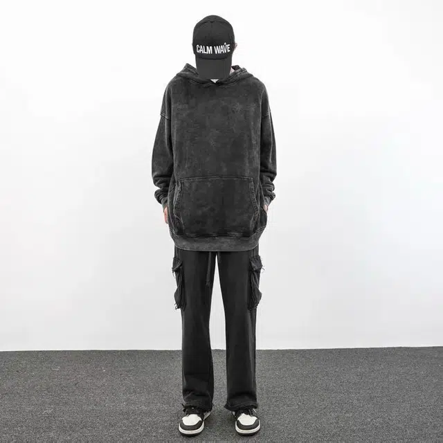 沐诚阳译 欧美高街暗黑洗水做旧纯色男潮牌炒色宽松连帽衫加绒卫衣 男女同款