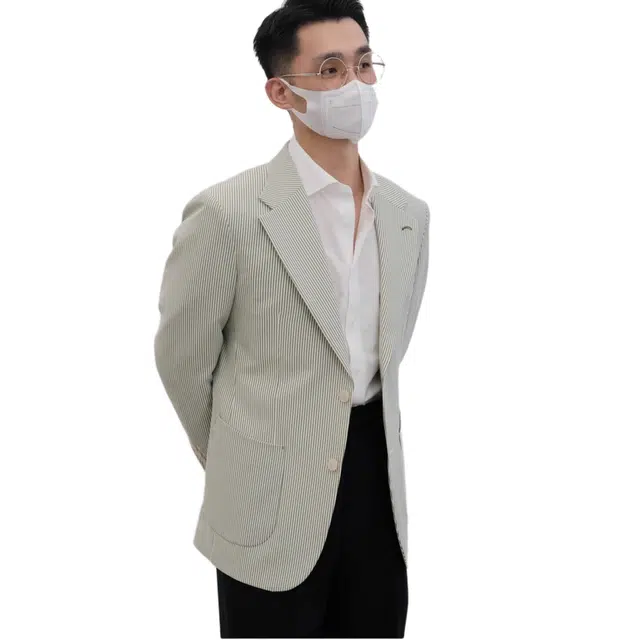 沐诚阳译 何青菜 那不勒斯泡泡纱条纹男春夏单西休闲平驳领外套西装 男款