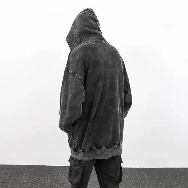 沐诚阳译 欧美高街暗黑洗水做旧纯色男潮牌炒色宽松连帽衫加绒卫衣 男女同款