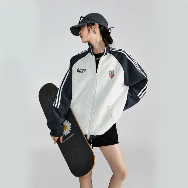 沐诚阳译 国潮条纹宽松美式复古学院卫衣开衫刺绣运动休闲秋季外套夹克 男女同款
