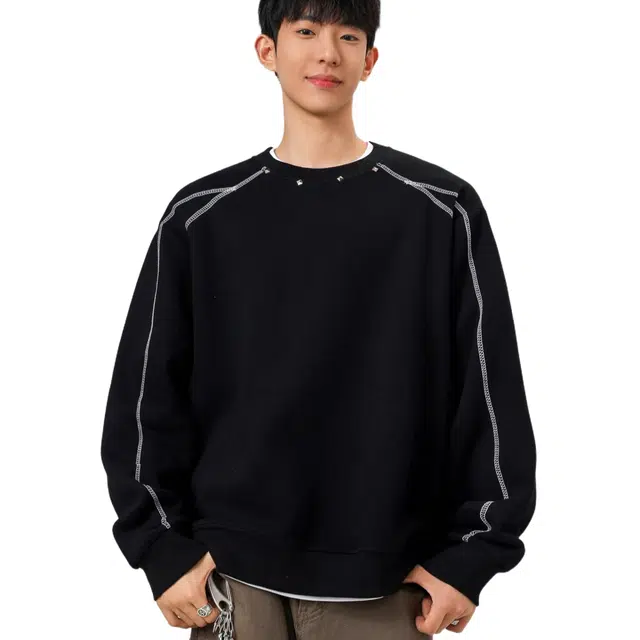 沐诚阳译 复古辑明线铆钉潮牌宽松情侣百搭 卫衣 男女同款