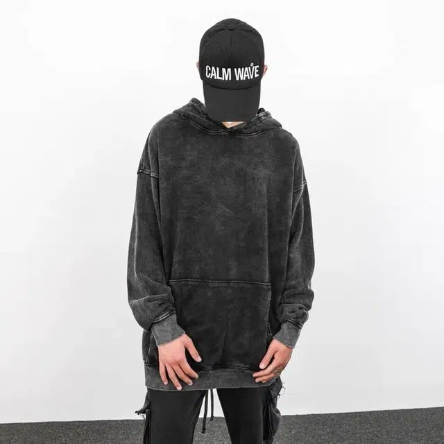 沐诚阳译 欧美高街暗黑洗水做旧纯色男潮牌炒色宽松连帽衫加绒卫衣 男女同款