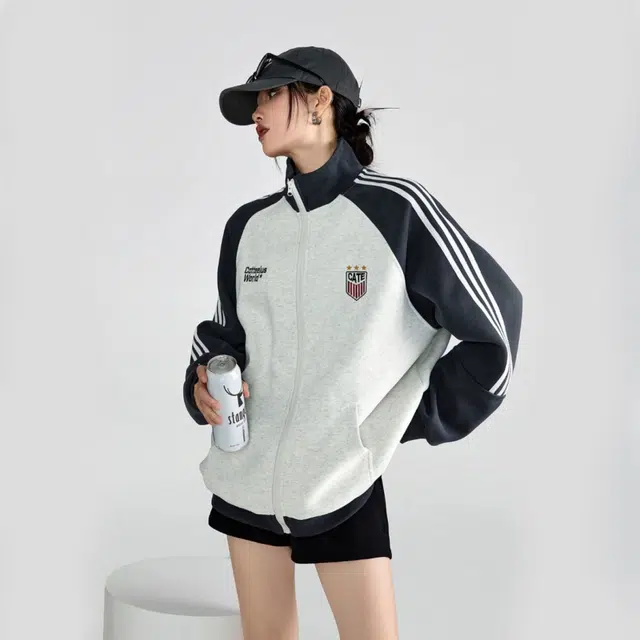 沐诚阳译 国潮条纹宽松美式复古学院卫衣开衫刺绣运动休闲秋季外套夹克 男女同款