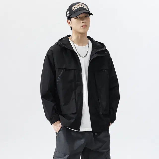 马员外 美式高街复古纯色宽松百搭休闲拼接落肩日常通勤拉链潮流工装连帽大口袋夹克 男女同款