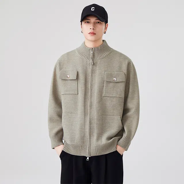 马员外 秋冬美式复古休闲宽松百搭舒适潮流开衫工装高领针织衫 男女同款