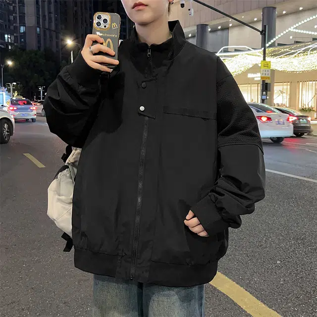 马员外 美式高街复古纯色宽松百搭休闲拼接翻立落肩日常通勤拉链潮流夹克 男女同款