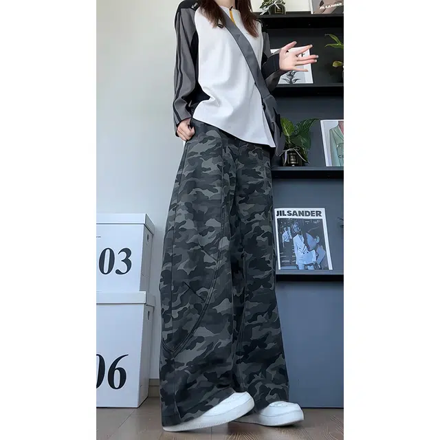 马员外 美式复古潮流迷彩山系户外拼接日常通勤百搭高街宽松系带直筒垂感中腰长裤休闲裤 男女同款