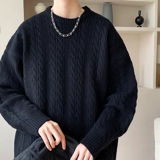 马员外 美式高街复古休闲纯色麻花圆领条纹慵懒风长袖舒适重磅落肩日常通勤简约无性别主义针织衫 男女同款