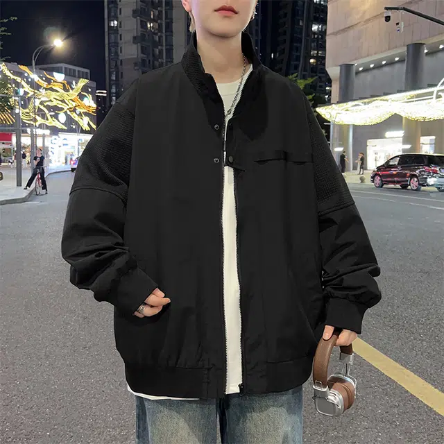 马员外 美式高街复古纯色宽松百搭休闲拼接翻立落肩日常通勤拉链潮流夹克 男女同款