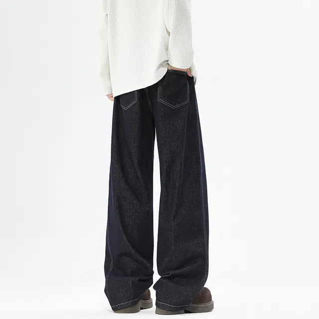 马员外 美式高街复古休闲百搭宽松水洗做旧直筒垂感潮流痞帅基础款纯色牛仔裤 男女同款