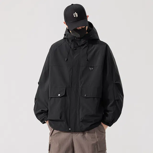 马员外 美式高街复古纯色宽松连帽简约时尚百搭潮流休闲运动工装加肥加大飞行员防风夹克 男女同款