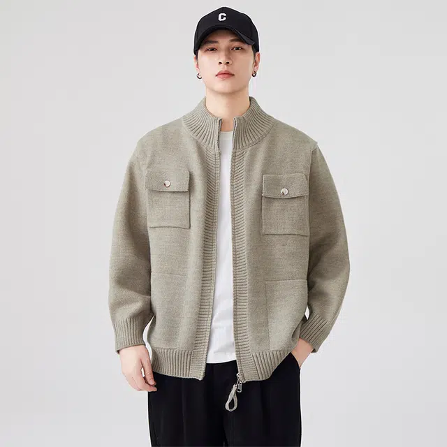 马员外 秋冬美式复古休闲宽松百搭舒适潮流开衫工装高领针织衫 男女同款