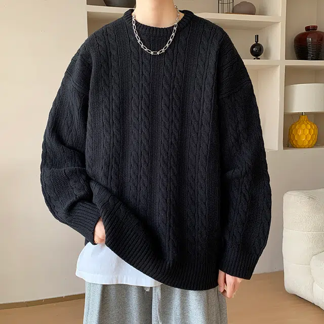 马员外 美式高街复古休闲纯色麻花圆领条纹慵懒风长袖舒适重磅落肩日常通勤简约无性别主义针织衫 男女同款