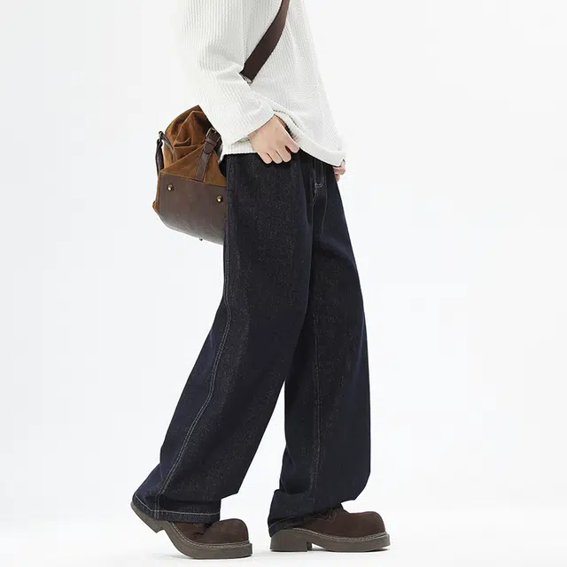 马员外 美式高街复古休闲百搭宽松水洗做旧直筒垂感潮流痞帅基础款纯色牛仔裤 男女同款
