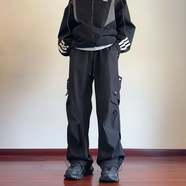 马员外 美式高街宽松舒适百搭日常通勤纯色直筒垂感褶皱工装拼接无性别主义休闲裤 男女同款