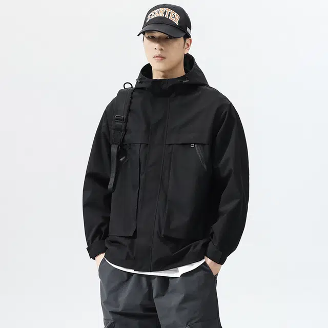 马员外 美式高街复古纯色宽松百搭休闲拼接落肩日常通勤拉链潮流工装连帽大口袋夹克 男女同款