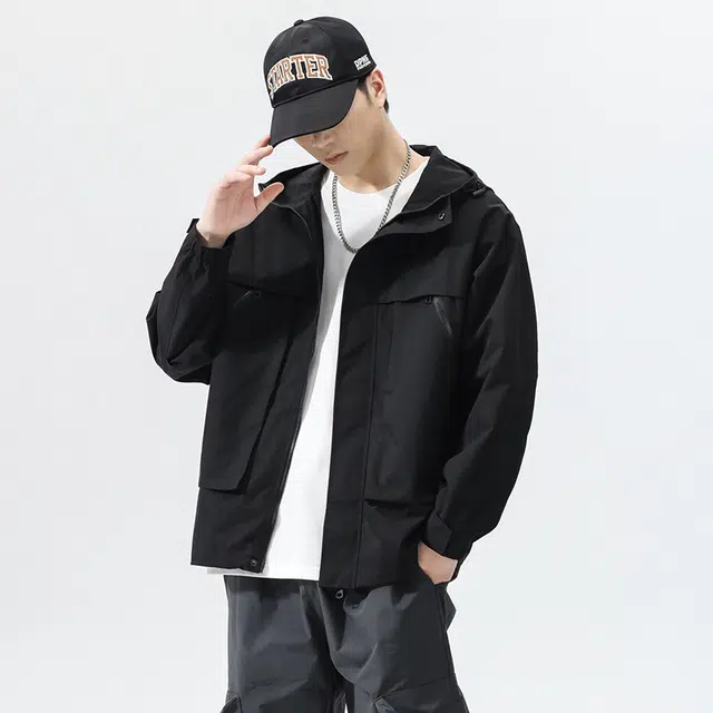 马员外 美式高街复古纯色宽松百搭休闲拼接落肩日常通勤拉链潮流工装连帽大口袋夹克 男女同款