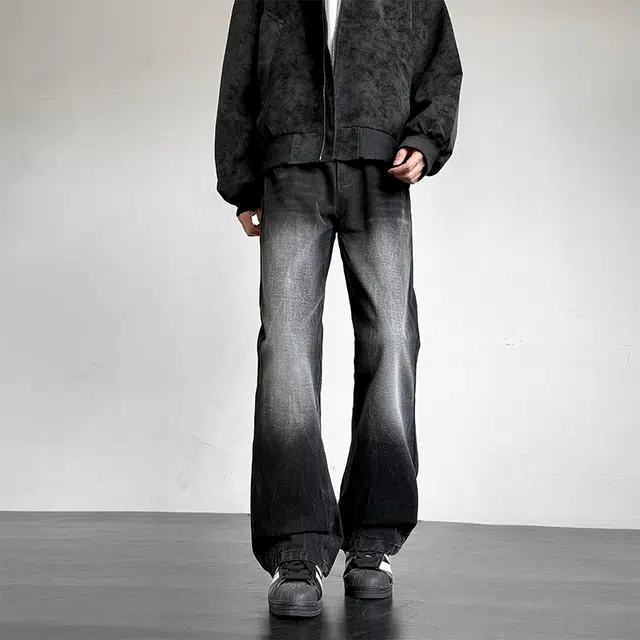 马员外 美式复古闪电纹设计舒适百搭宽松直筒垂感弯刀水洗做旧休闲牛仔裤 男女同款