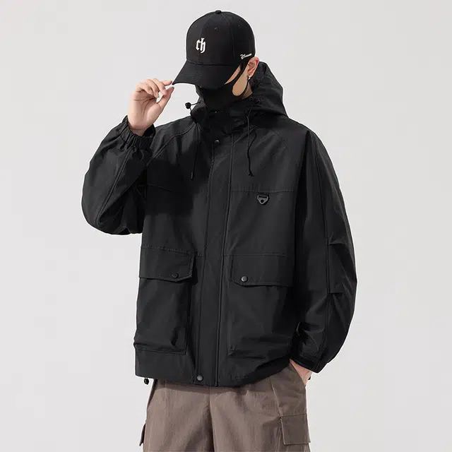 马员外 美式高街复古纯色宽松连帽简约时尚百搭潮流休闲运动工装加肥加大飞行员防风夹克 男女同款