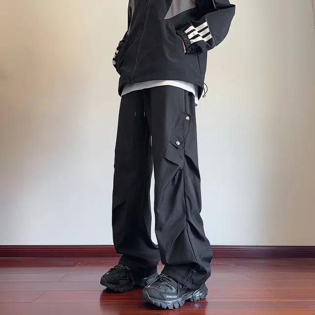 马员外 美式高街宽松舒适百搭日常通勤纯色直筒垂感褶皱工装拼接无性别主义休闲裤 男女同款
