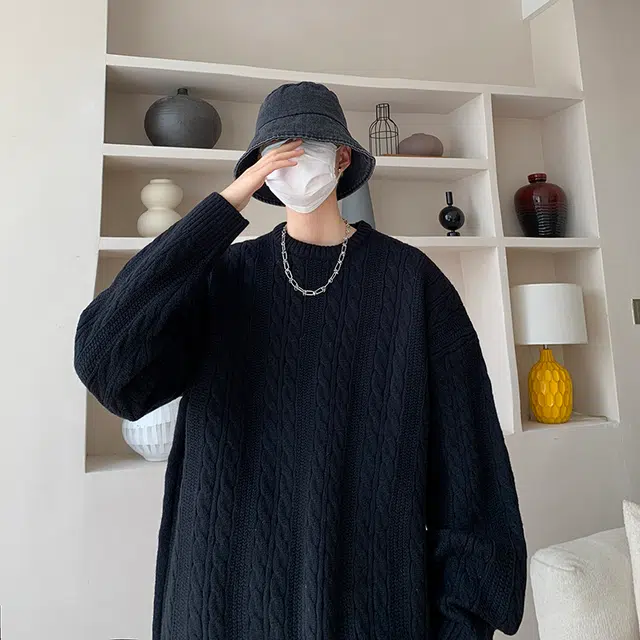 马员外 美式高街复古休闲纯色麻花圆领条纹慵懒风长袖舒适重磅落肩日常通勤简约无性别主义针织衫 男女同款