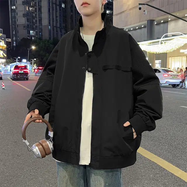 马员外 美式高街复古纯色宽松百搭休闲拼接翻立落肩日常通勤拉链潮流夹克 男女同款