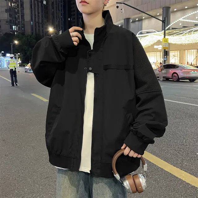 马员外 美式高街复古纯色宽松百搭休闲拼接翻立落肩日常通勤拉链潮流夹克 男女同款