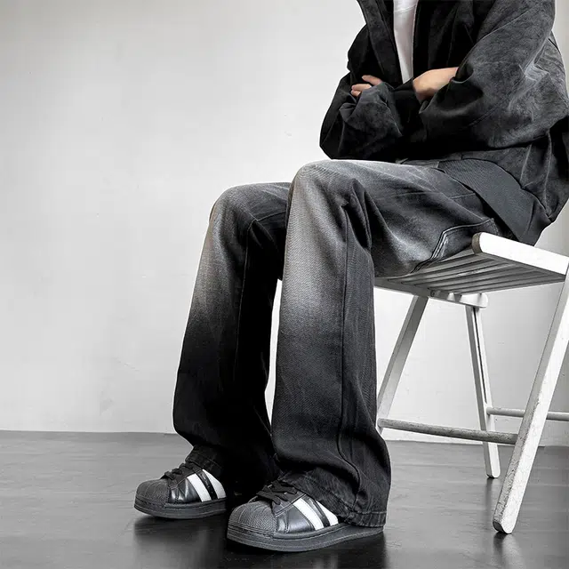 马员外 美式复古闪电纹设计舒适百搭宽松直筒垂感弯刀水洗做旧休闲牛仔裤 男女同款