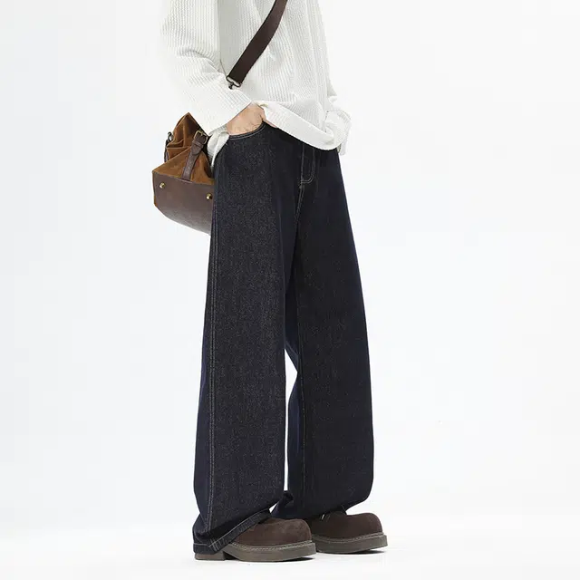 马员外 美式高街复古休闲百搭宽松水洗做旧直筒垂感潮流痞帅基础款纯色牛仔裤 男女同款