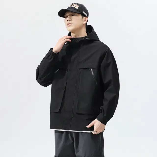 马员外 美式高街复古纯色宽松百搭休闲拼接落肩日常通勤拉链潮流工装连帽大口袋夹克 男女同款