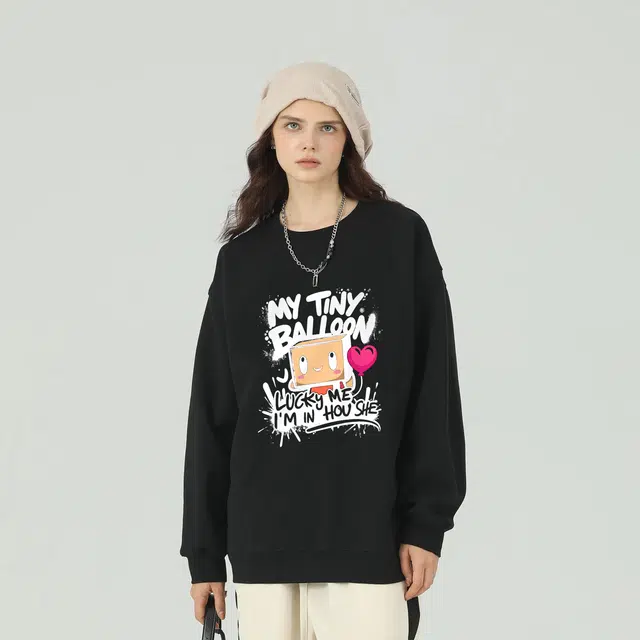 马员外 美式复古高街休闲舒适宽松日常通勤印花字母卡通动漫圆领套头落肩长袖卫衣 男女同款