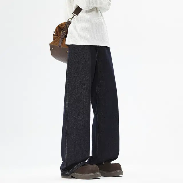 马员外 美式高街复古休闲百搭宽松水洗做旧直筒垂感潮流痞帅基础款纯色牛仔裤 男女同款