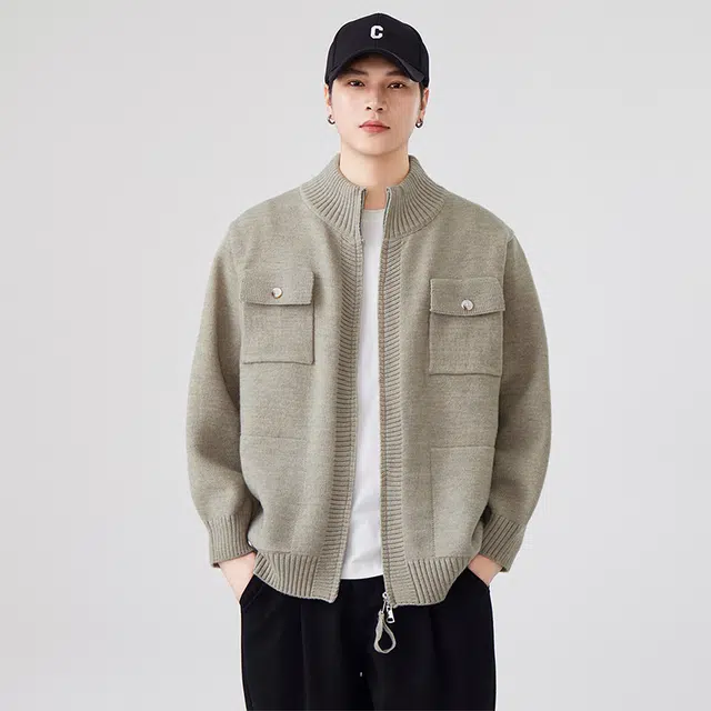 马员外 秋冬美式复古休闲宽松百搭舒适潮流开衫工装高领针织衫 男女同款