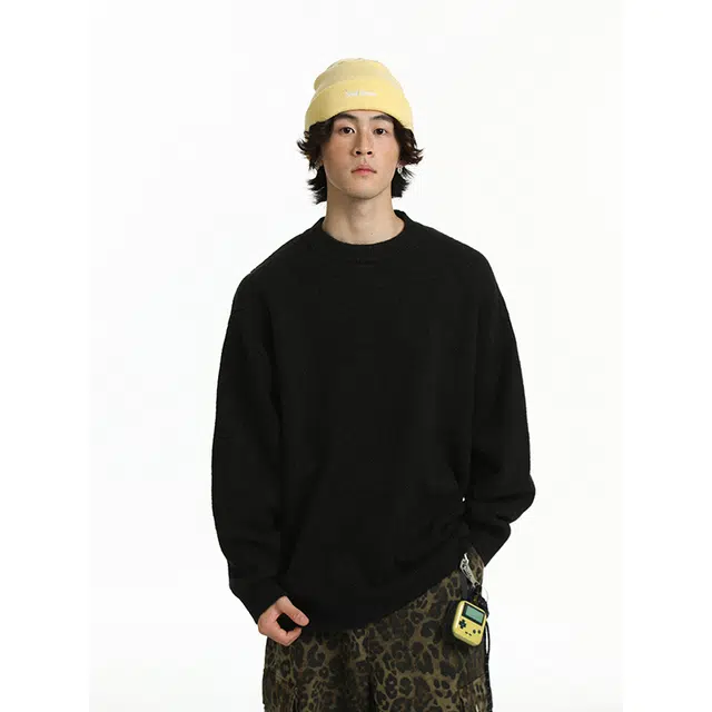 马员外 美式高街复古休闲纯色圆领舒适亲肤柔软重磅落肩日常通勤简约无性别主义针织衫 男女同款