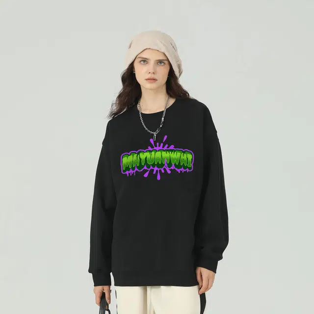 马员外 美式复古高街休闲舒适宽松日常通勤重磅印花字母涂鸦街头卡通动漫圆领套头落肩长袖卫衣 男女同款