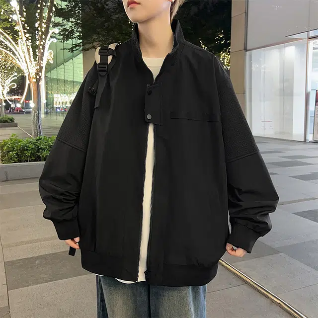 马员外 美式高街复古纯色宽松百搭休闲拼接翻立落肩日常通勤拉链潮流夹克 男女同款