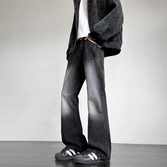 马员外 美式复古闪电纹设计舒适百搭宽松直筒垂感弯刀水洗做旧休闲牛仔裤 男女同款