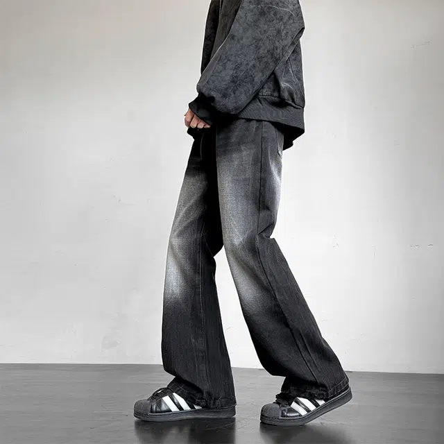 马员外 美式复古闪电纹设计舒适百搭宽松直筒垂感弯刀水洗做旧休闲牛仔裤 男女同款