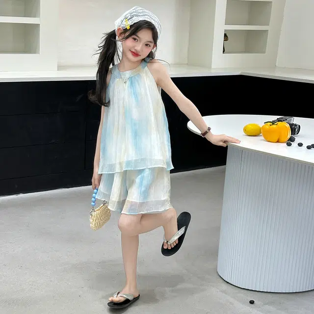 比比我儿童休闲运动套装 女童夏季套服装小孩衣服 小女孩挂脖流光裙两件套  大童潮