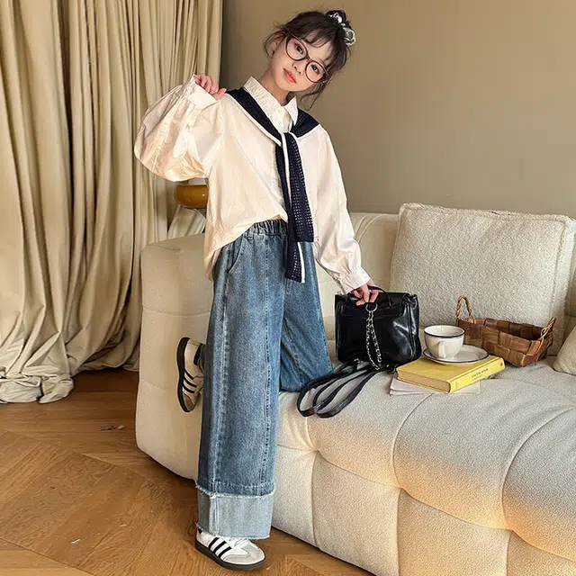 比比我休闲运动套装  女童春秋季白衬衫大童潮牌小孩衣服 小女孩长袖洋气时髦 舒适帅气轻便
