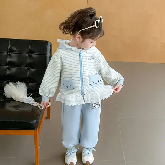 比比我休闲运动套装  女童春秋季大童潮牌猫咪花边小孩衣服 小女孩长袖洋气时髦 舒适帅气轻便