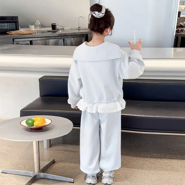 比比我休闲运动套装  女童春秋季大翻领设计花边拼接大童潮牌小孩衣服 小女孩短袖洋气时髦 舒适帅气